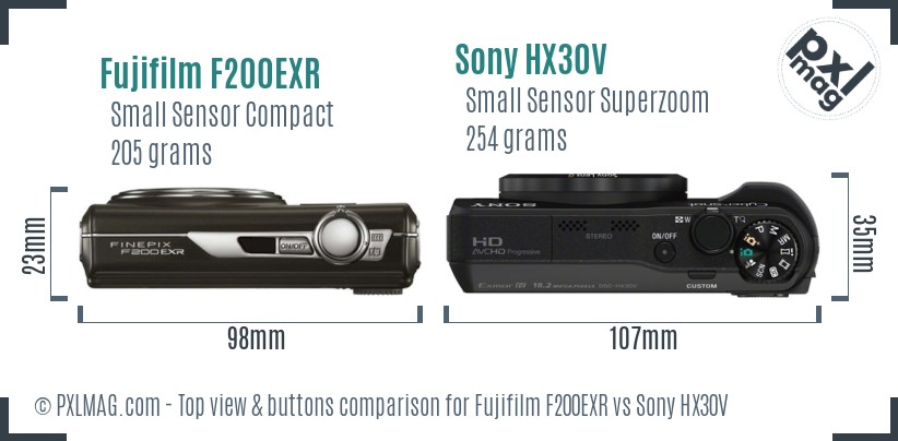 Fujifilm F200EXR vs Sony HX30V top view buttons comparison