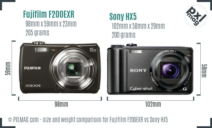 Fujifilm F200EXR vs Sony HX5 size comparison