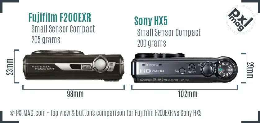 Fujifilm F200EXR vs Sony HX5 top view buttons comparison