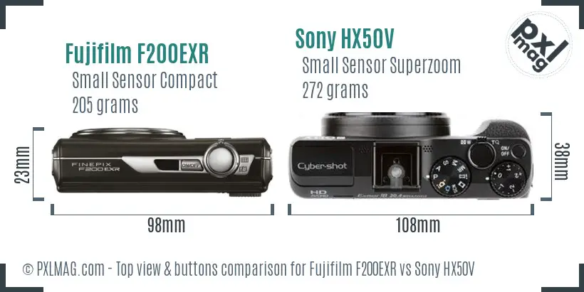 Fujifilm F200EXR vs Sony HX50V top view buttons comparison