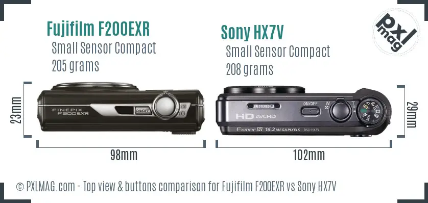 Fujifilm F200EXR vs Sony HX7V top view buttons comparison
