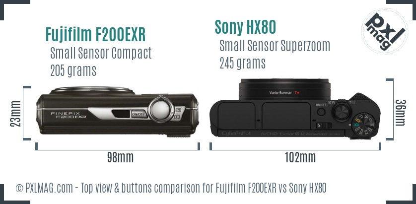 Fujifilm F200EXR vs Sony HX80 top view buttons comparison