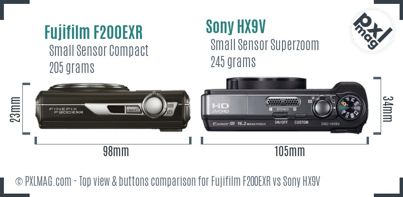 Fujifilm F200EXR vs Sony HX9V top view buttons comparison