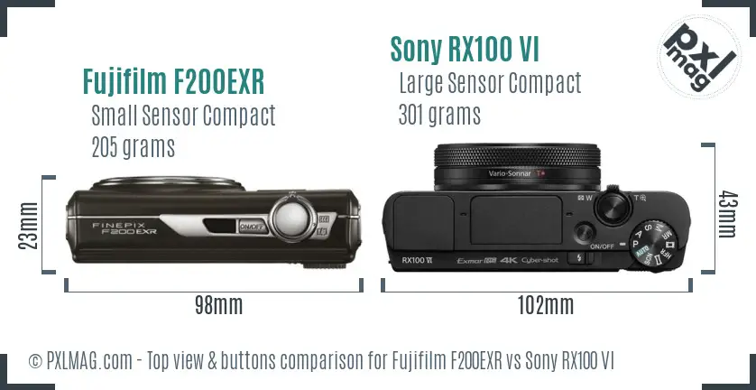 Fujifilm F200EXR vs Sony RX100 VI top view buttons comparison Fujifilm F200EXR vs Sony RX100 VI top view buttons comparison