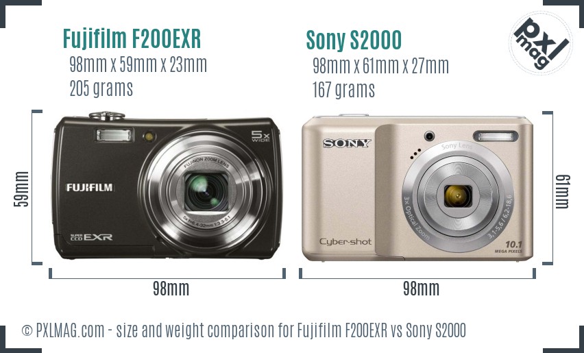 Fujifilm F200EXR vs Sony S2000 size comparison