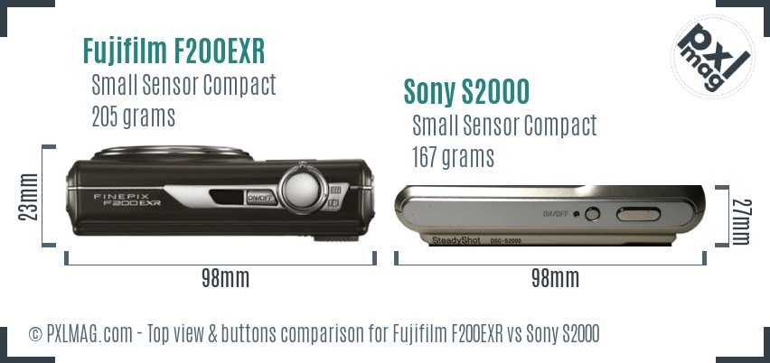Fujifilm F200EXR vs Sony S2000 top view buttons comparison