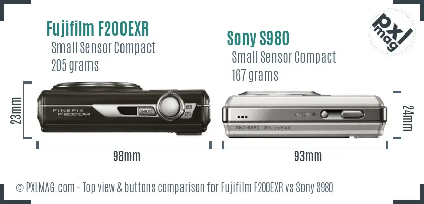 Fujifilm F200EXR vs Sony S980 top view buttons comparison
