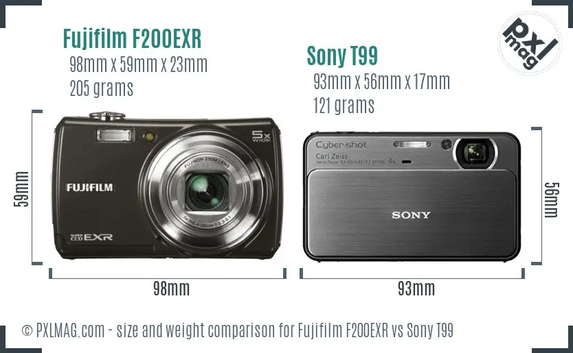 Fujifilm F200EXR vs Sony T99 size comparison