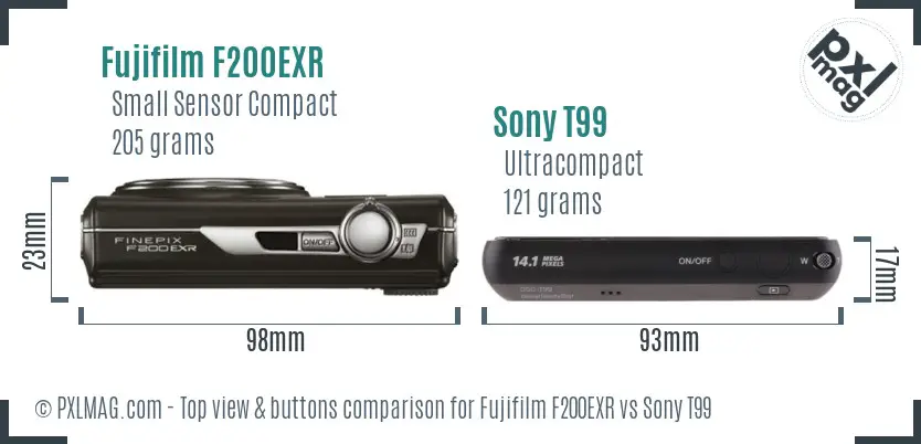 Fujifilm F200EXR vs Sony T99 top view buttons comparison
