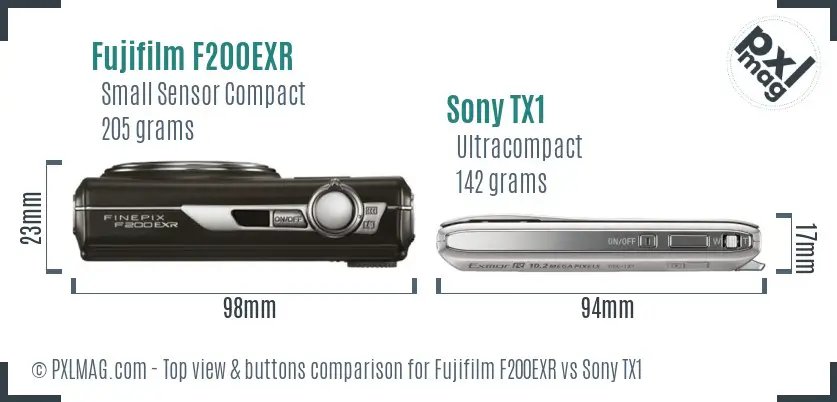 Fujifilm F200EXR vs Sony TX1 top view buttons comparison