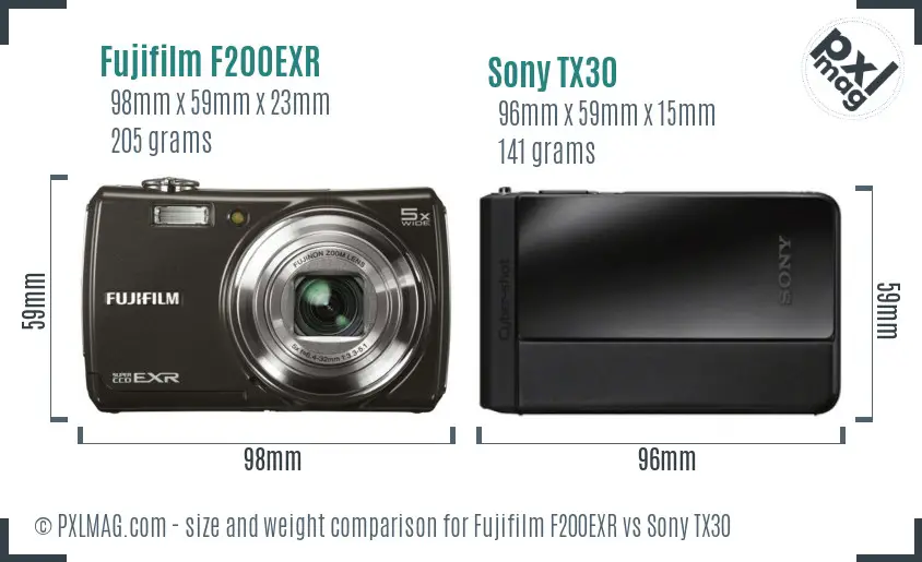 Fujifilm F200EXR vs Sony TX30 size comparison