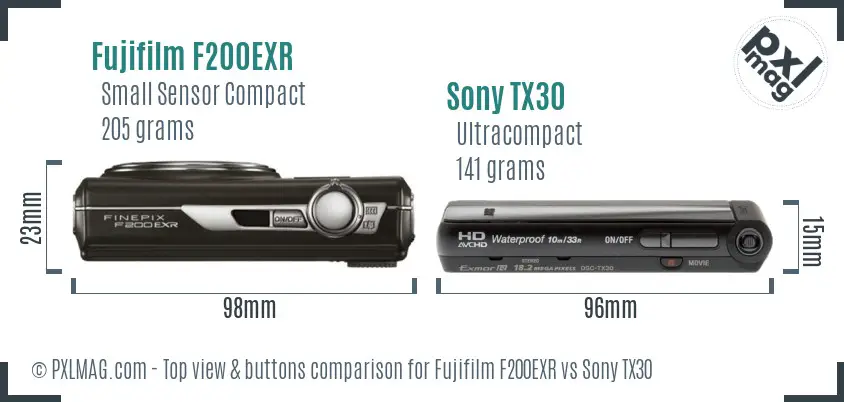 Fujifilm F200EXR vs Sony TX30 top view buttons comparison