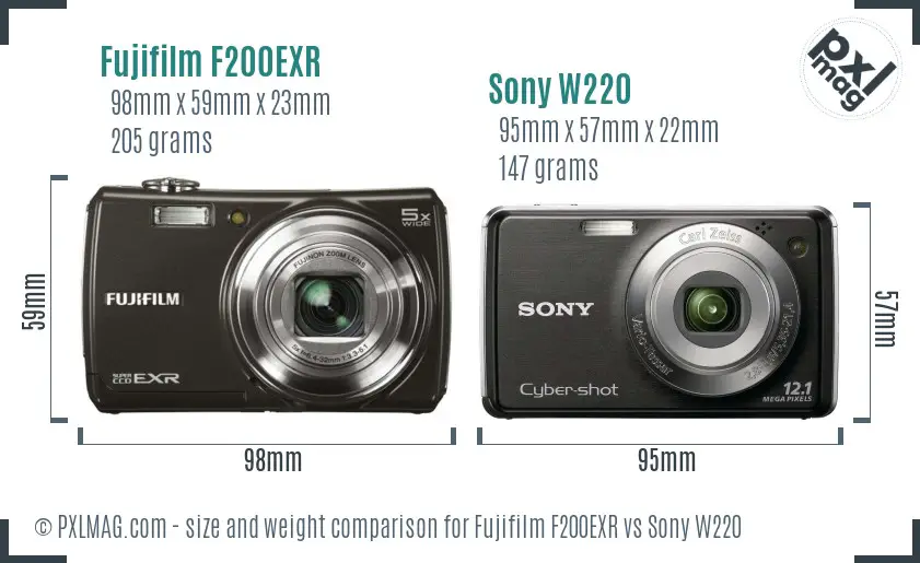 Fujifilm F200EXR vs Sony W220 size comparison