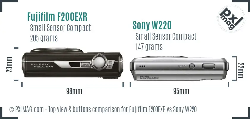 Fujifilm F200EXR vs Sony W220 top view buttons comparison