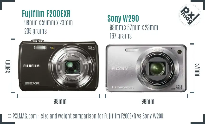 Fujifilm F200EXR vs Sony W290 size comparison