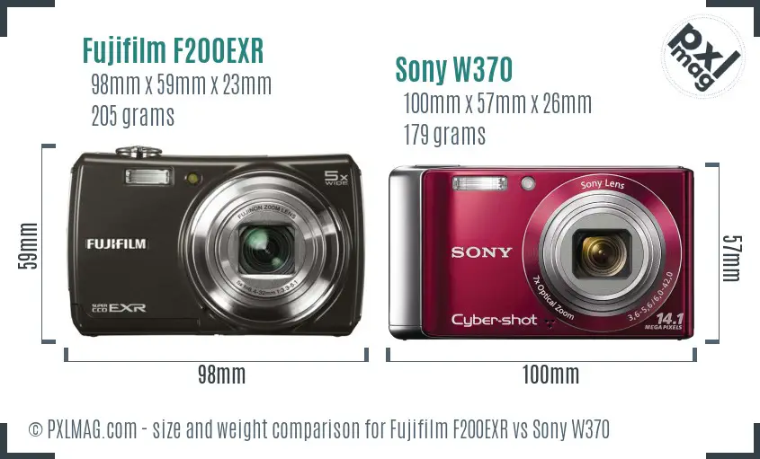 Fujifilm F200EXR vs Sony W370 size comparison