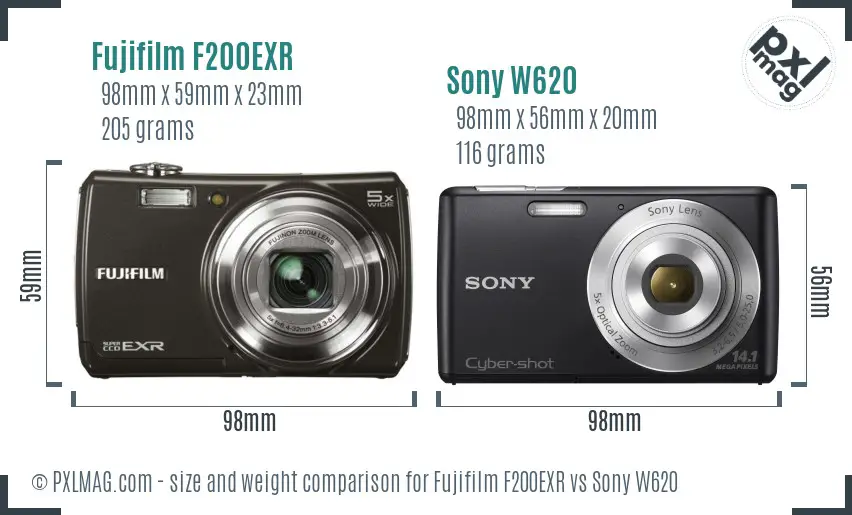 Fujifilm F200EXR vs Sony W620 size comparison