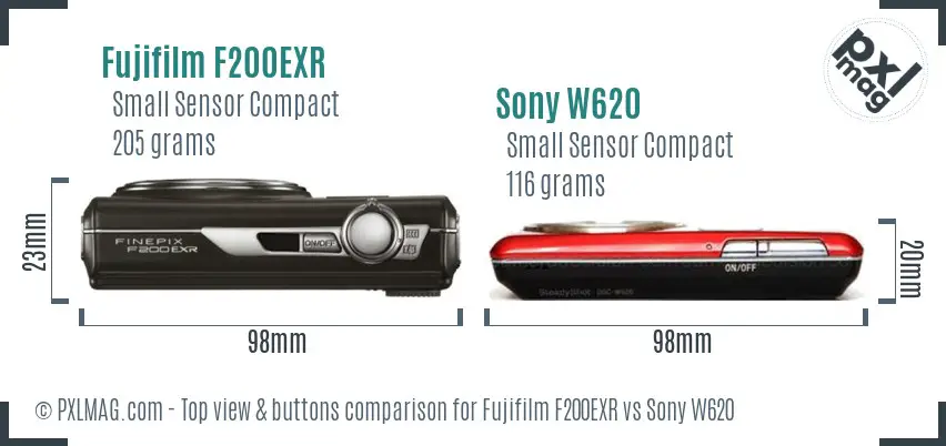 Fujifilm F200EXR vs Sony W620 top view buttons comparison