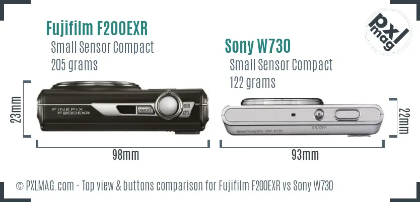 Fujifilm F200EXR vs Sony W730 top view buttons comparison