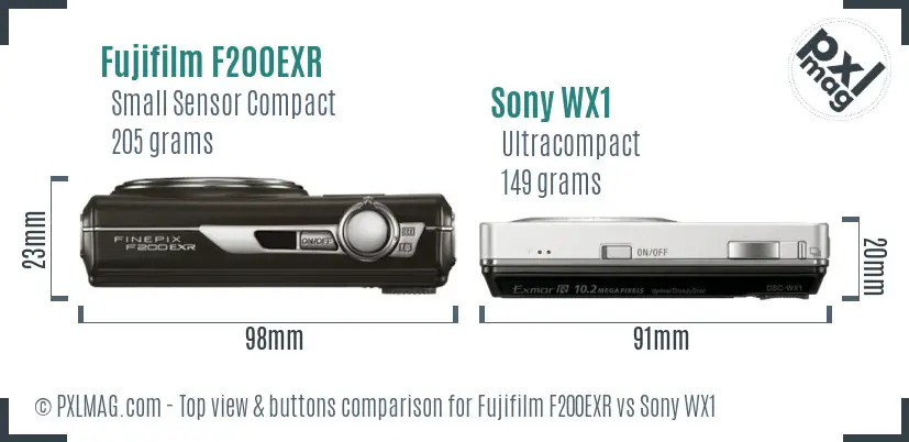 Fujifilm F200EXR vs Sony WX1 top view buttons comparison