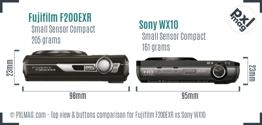 Fujifilm F200EXR vs Sony WX10 top view buttons comparison