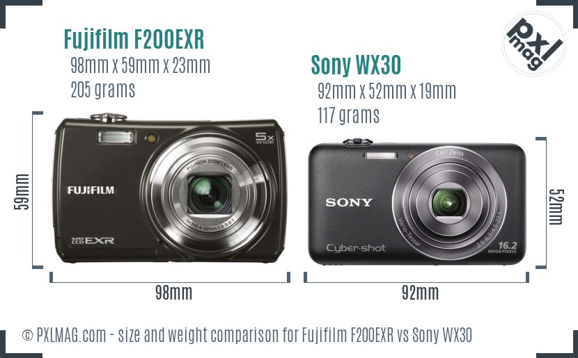 Fujifilm F200EXR vs Sony WX30 size comparison