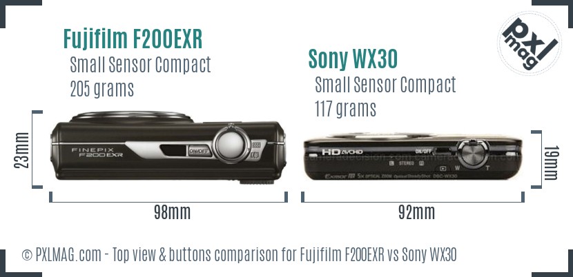 Fujifilm F200EXR vs Sony WX30 top view buttons comparison