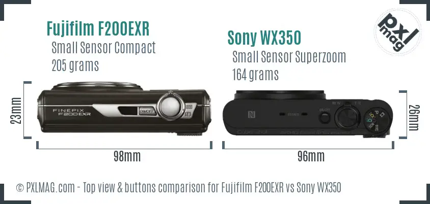 Fujifilm F200EXR vs Sony WX350 top view buttons comparison