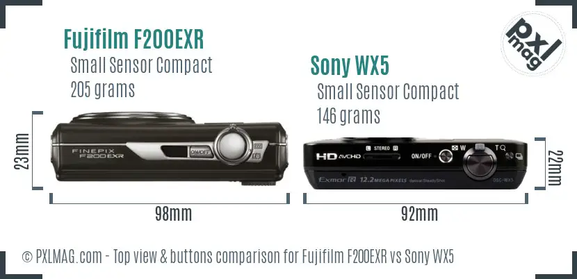 Fujifilm F200EXR vs Sony WX5 top view buttons comparison