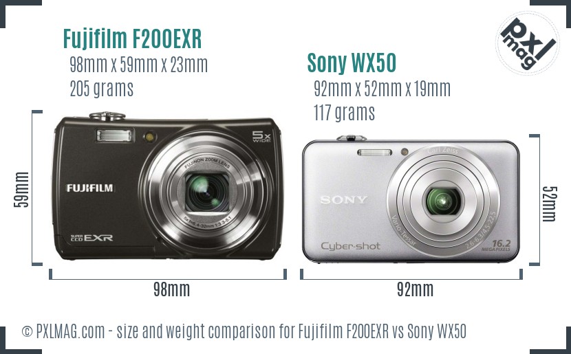 Fujifilm F200EXR vs Sony WX50 size comparison