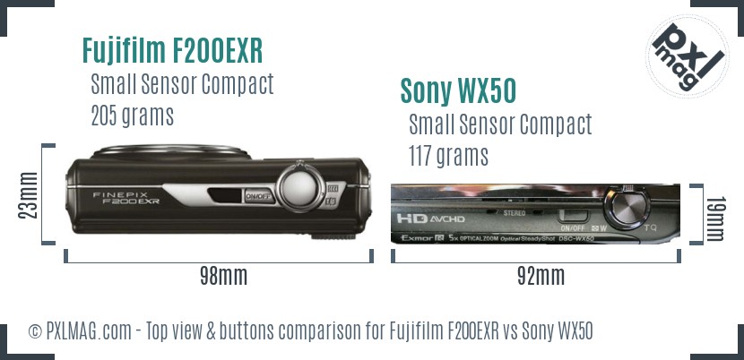 Fujifilm F200EXR vs Sony WX50 top view buttons comparison