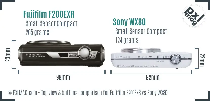 Fujifilm F200EXR vs Sony WX80 top view buttons comparison