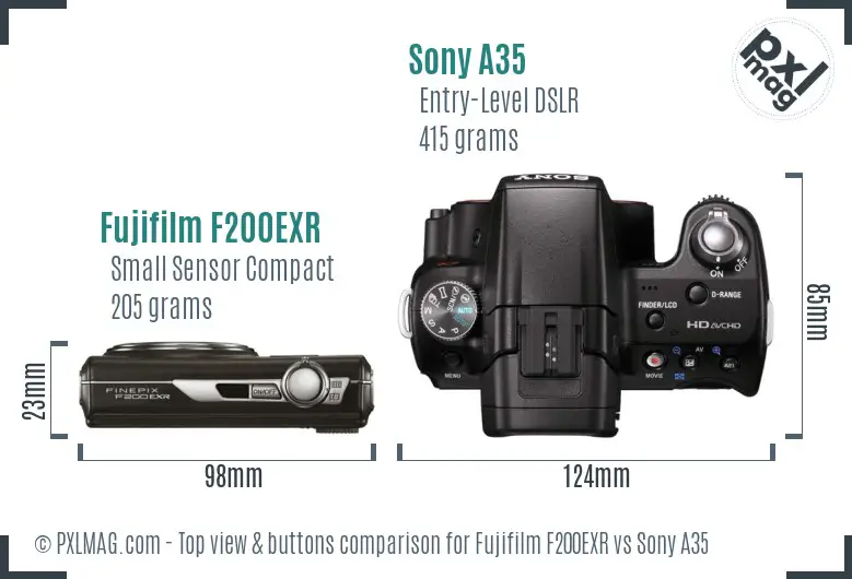 Fujifilm F200EXR vs Sony A35 top view buttons comparison