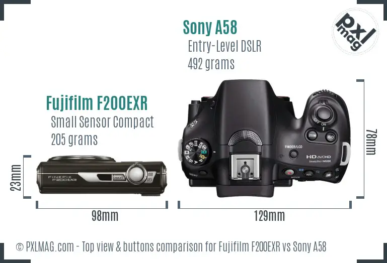 Fujifilm F200EXR vs Sony A58 top view buttons comparison