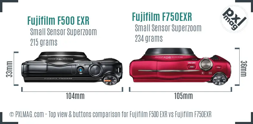 Fujifilm F500 EXR vs Fujifilm F750EXR top view buttons comparison