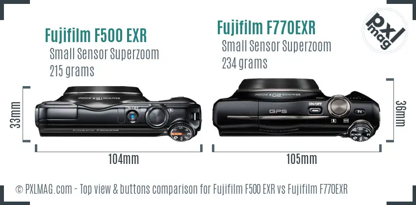Fujifilm F500 EXR vs Fujifilm F770EXR top view buttons comparison