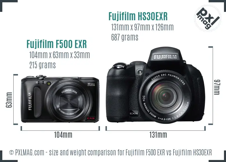 Fujifilm F500 EXR vs Fujifilm HS30EXR size comparison