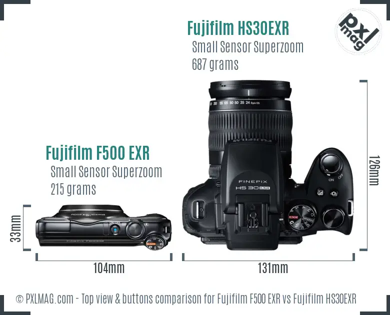 Fujifilm F500 EXR vs Fujifilm HS30EXR top view buttons comparison