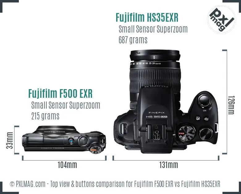 Fujifilm F500 EXR vs Fujifilm HS35EXR top view buttons comparison