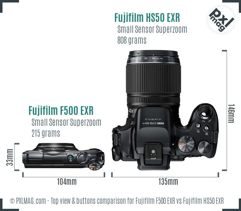 Fujifilm F500 EXR vs Fujifilm HS50 EXR top view buttons comparison
