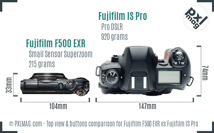 Fujifilm F500 EXR vs Fujifilm IS Pro top view buttons comparison Fujifilm F500 EXR vs Fujifilm IS Pro top view buttons comparison