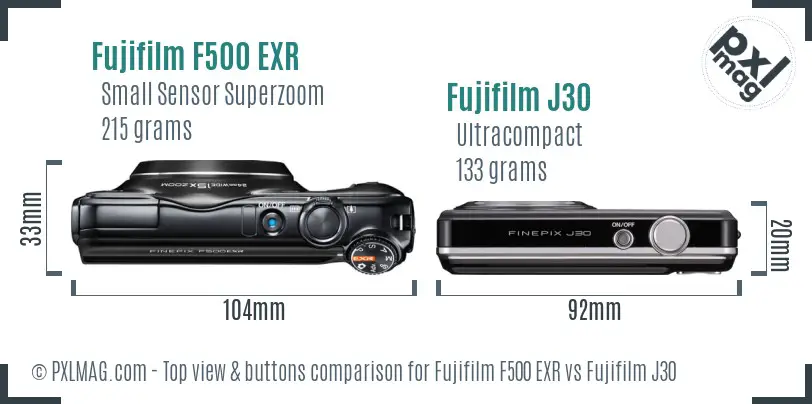 Fujifilm F500 EXR vs Fujifilm J30 top view buttons comparison Fujifilm F500 EXR vs Fujifilm J30 top view buttons comparison