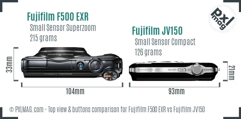 Fujifilm F500 EXR vs Fujifilm JV150 top view buttons comparison Fujifilm F500 EXR vs Fujifilm JV150 top view buttons comparison