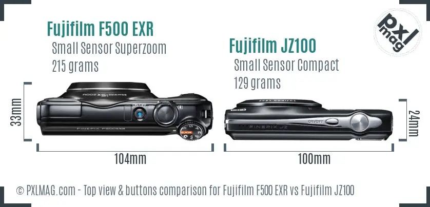 Fujifilm F500 EXR vs Fujifilm JZ100 top view buttons comparison