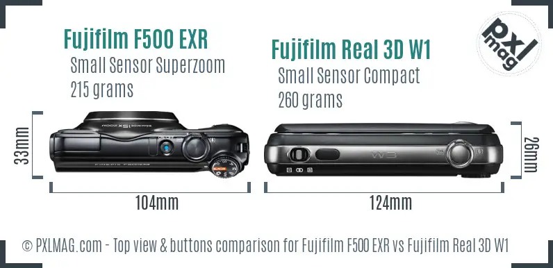Fujifilm F500 EXR vs Fujifilm Real 3D W1 top view buttons comparison Fujifilm F500 EXR vs Fujifilm Real 3D W1 top view buttons comparison