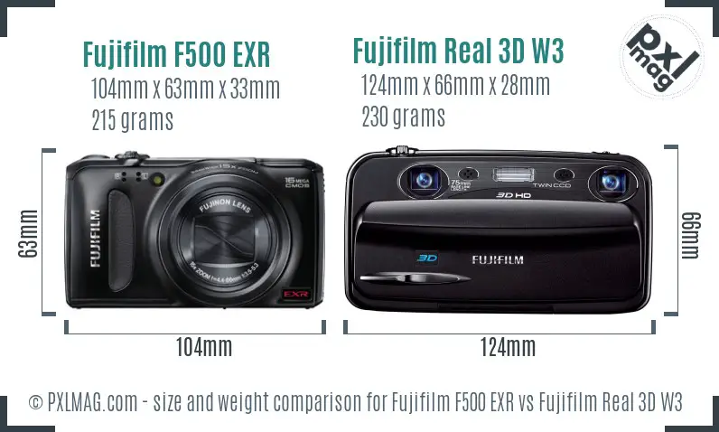 Fujifilm F500 EXR vs Fujifilm Real 3D W3 size comparison