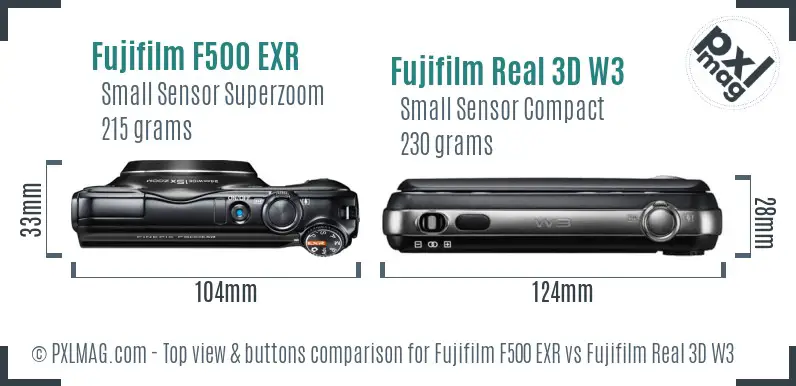 Fujifilm F500 EXR vs Fujifilm Real 3D W3 top view buttons comparison