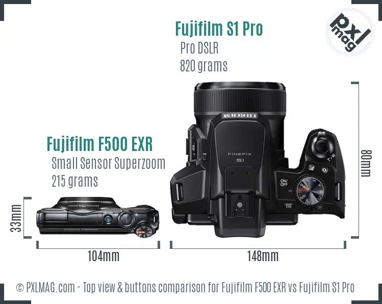 Fujifilm F500 EXR vs Fujifilm S1 Pro top view buttons comparison