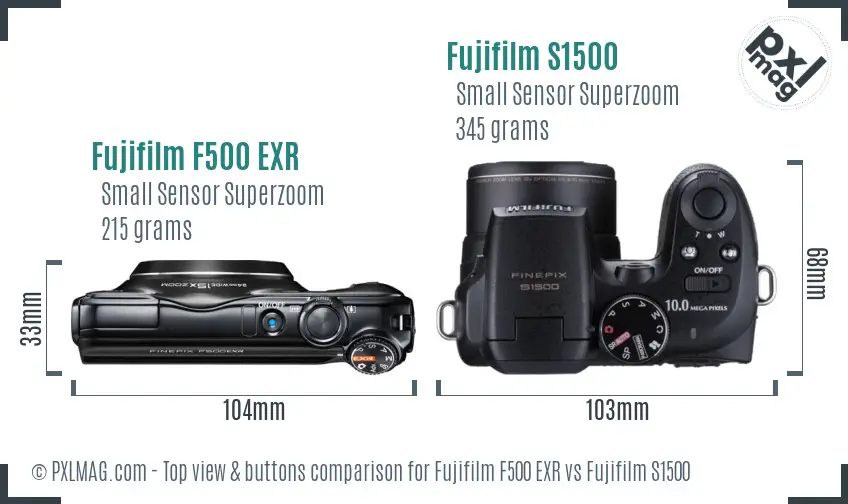 Fujifilm F500 EXR vs Fujifilm S1500 top view buttons comparison