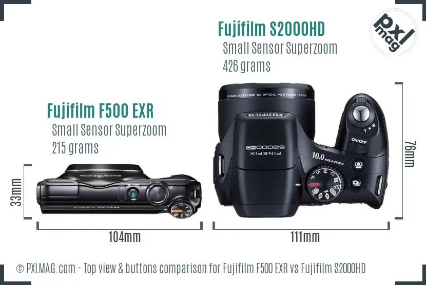 Fujifilm F500 EXR vs Fujifilm S2000HD top view buttons comparison